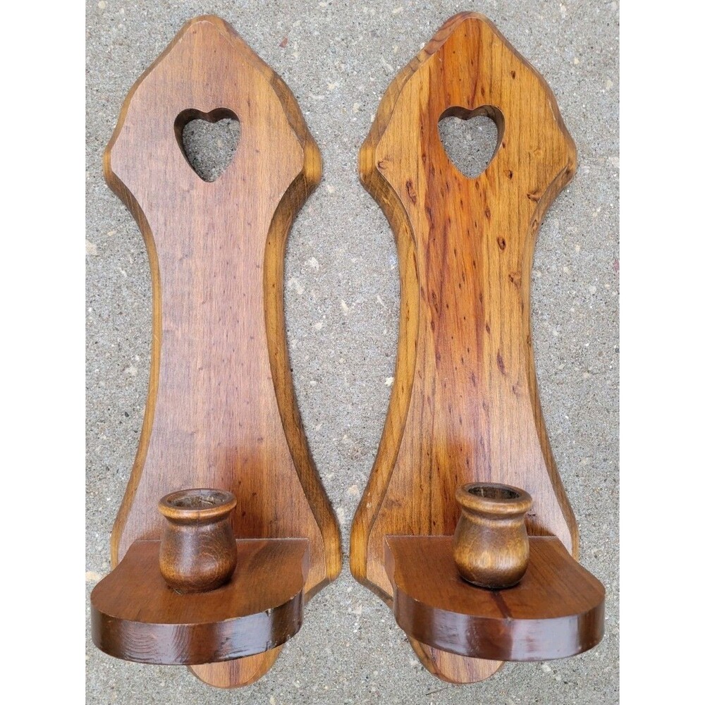 Vintage Wooden Pair of Two Wooden Wall Sconces with Hearts Candle Holder